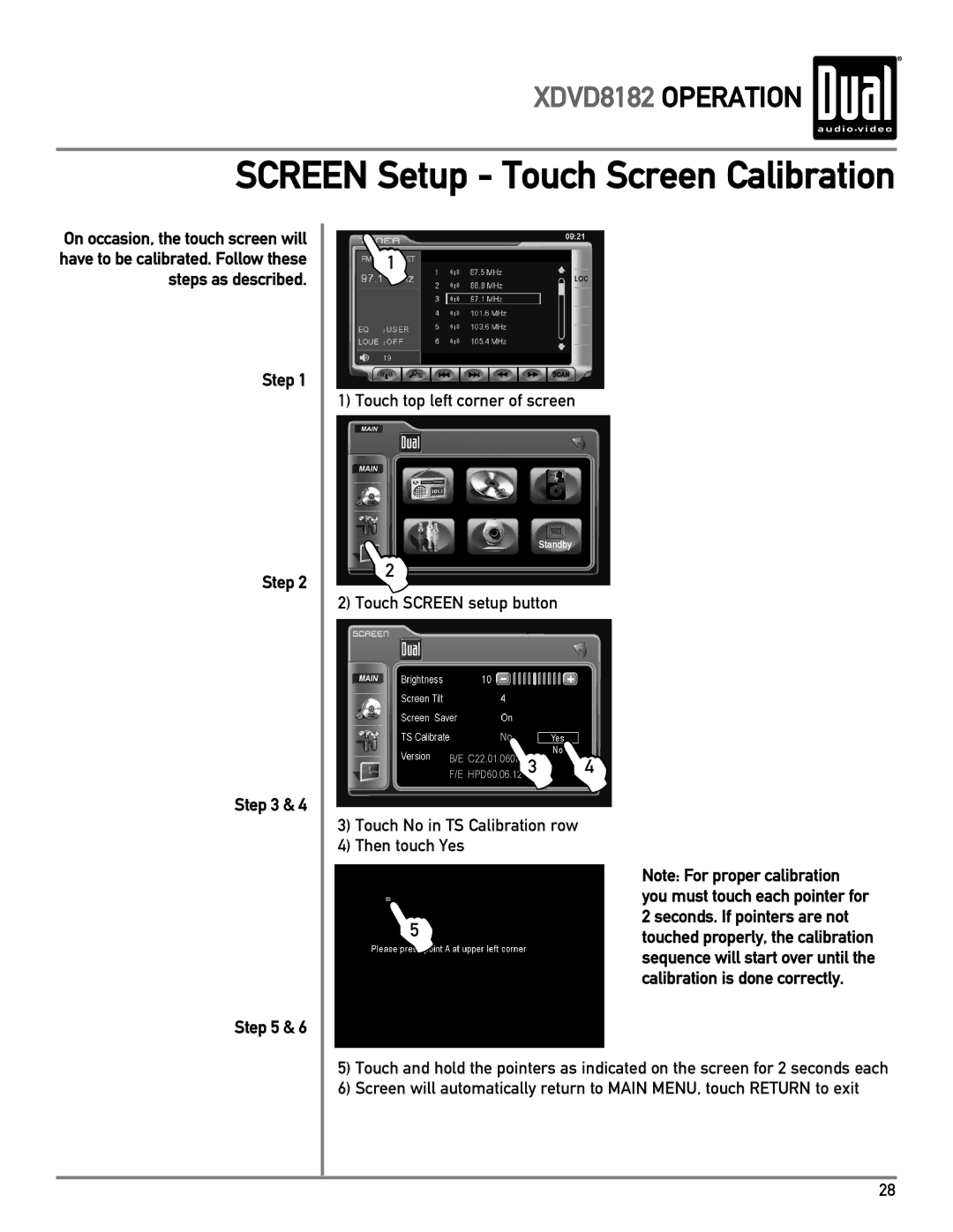 Dual XDVD8182 owner manual Screen Setup Touch Screen Calibration 