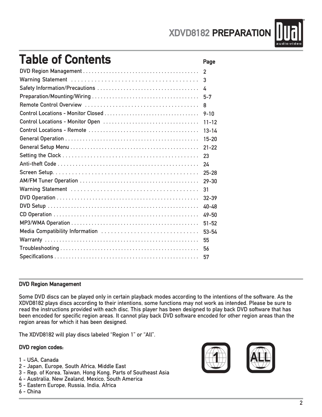 Dual XDVD8182 owner manual Table of Contents 