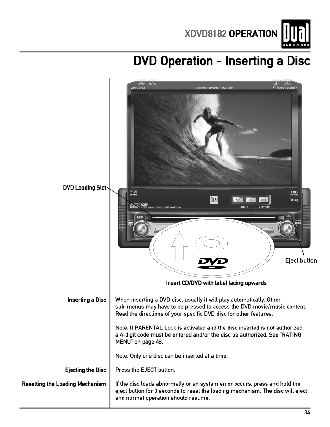 Dual XDVD8182 owner manual DVD Loading Slot Inserting a Disc, Insert CD/DVD with label facing upwards 