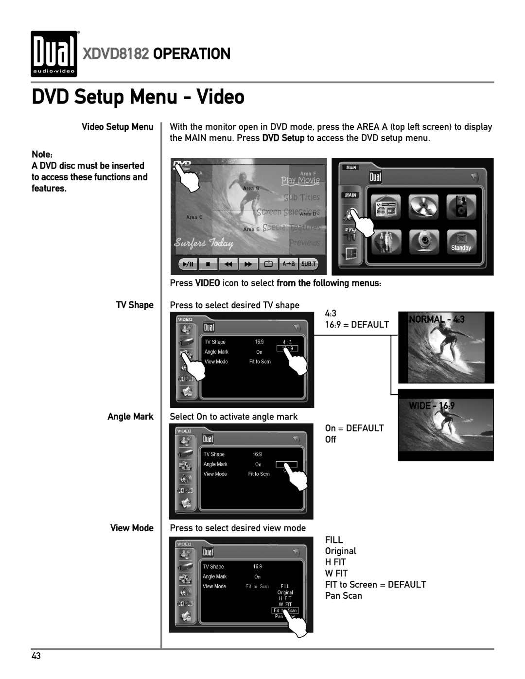 Dual XDVD8182 owner manual DVD Setup Menu Video, Normal Wide View Mode 