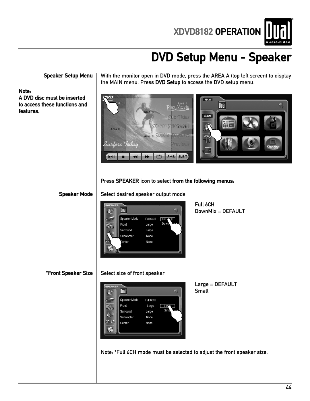 Dual XDVD8182 owner manual DVD Setup Menu Speaker, Press Speaker icon to select from the following menus 