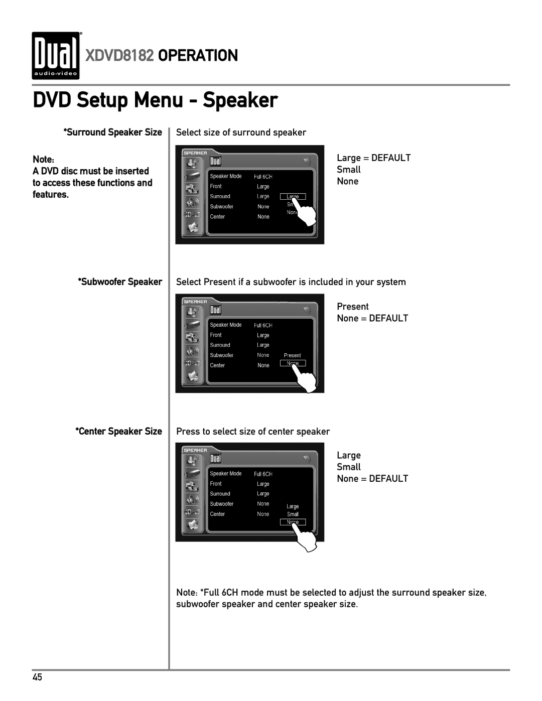 Dual XDVD8182 owner manual DVD Setup Menu Speaker 