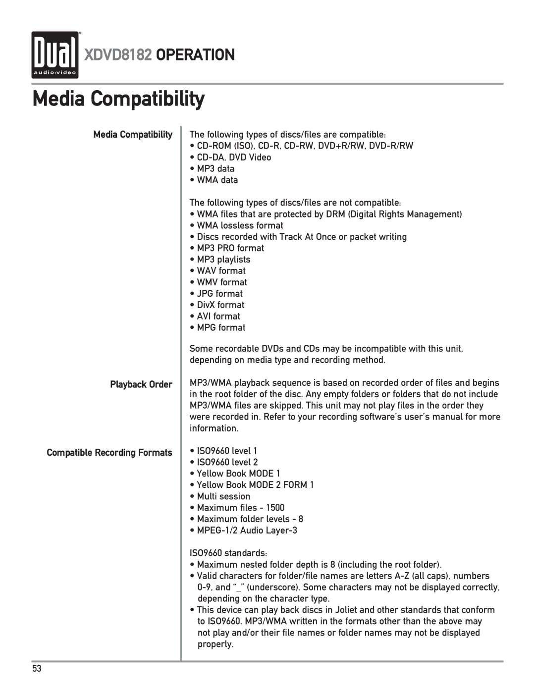 Dual XDVD8182 owner manual Media Compatibility Playback Order 