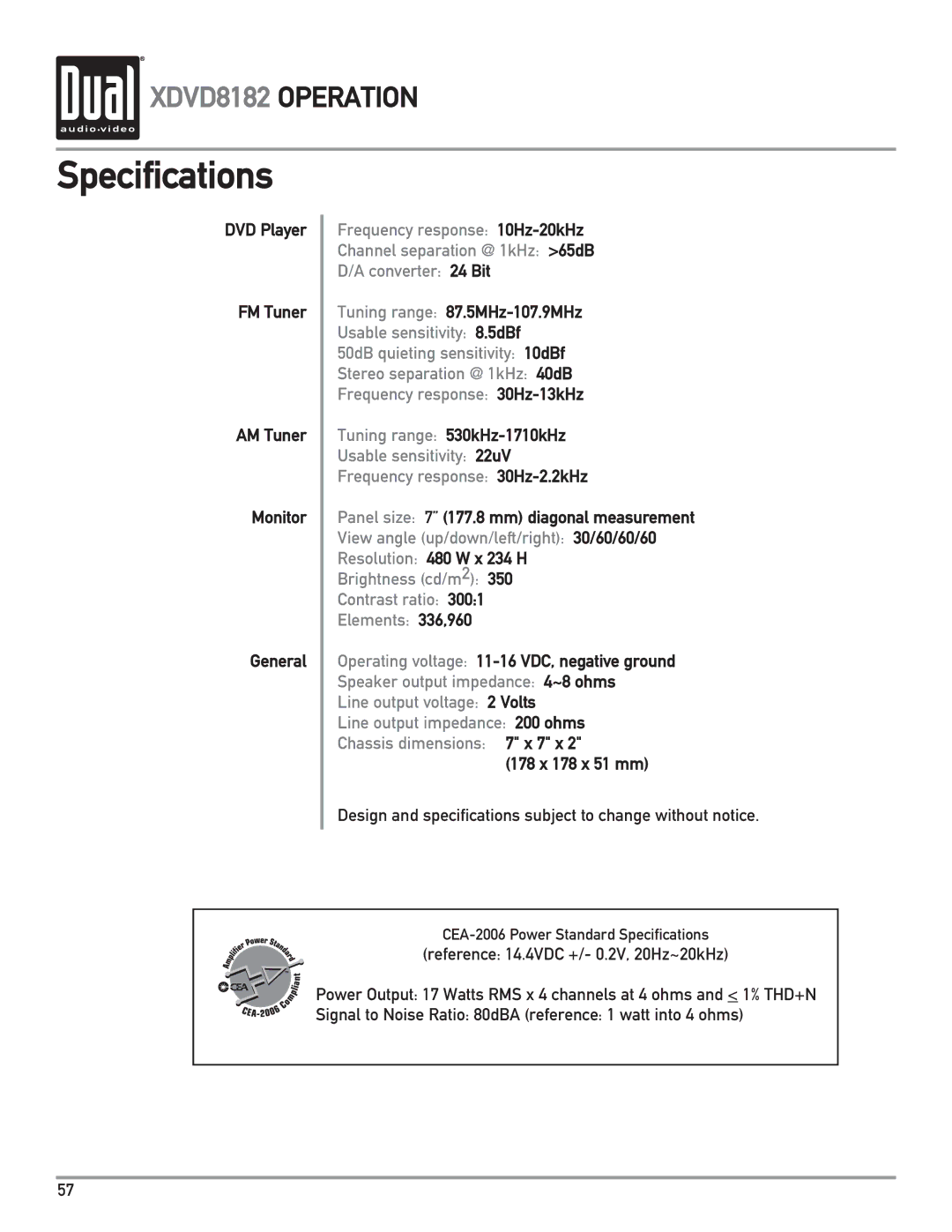 Dual XDVD8182 owner manual Specifications 