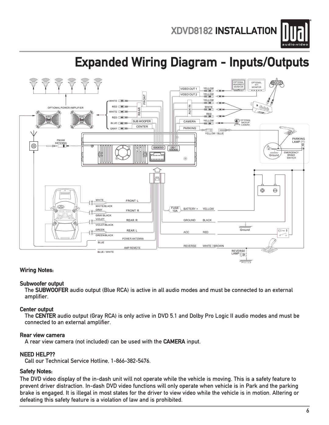 Dual XDVD8182 owner manual Wiring Notes Subwoofer output, Center output, Rear view camera 