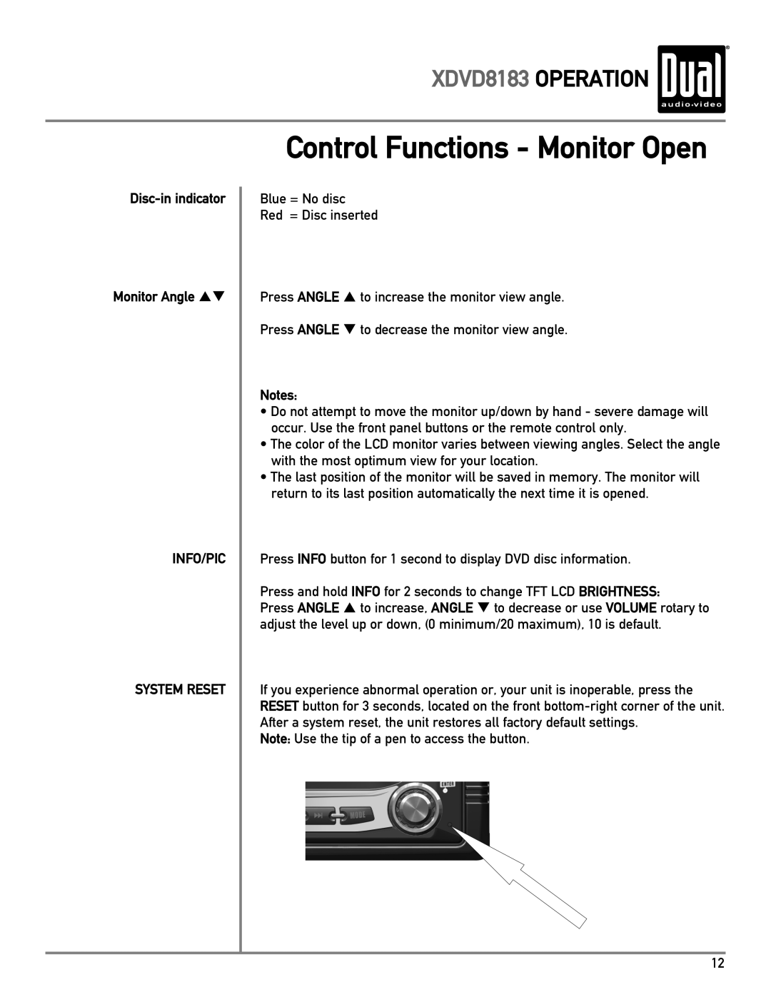 Dual XDVD8183 owner manual Control Functions Monitor Open, Disc-in indicator Monitor Angle pq 