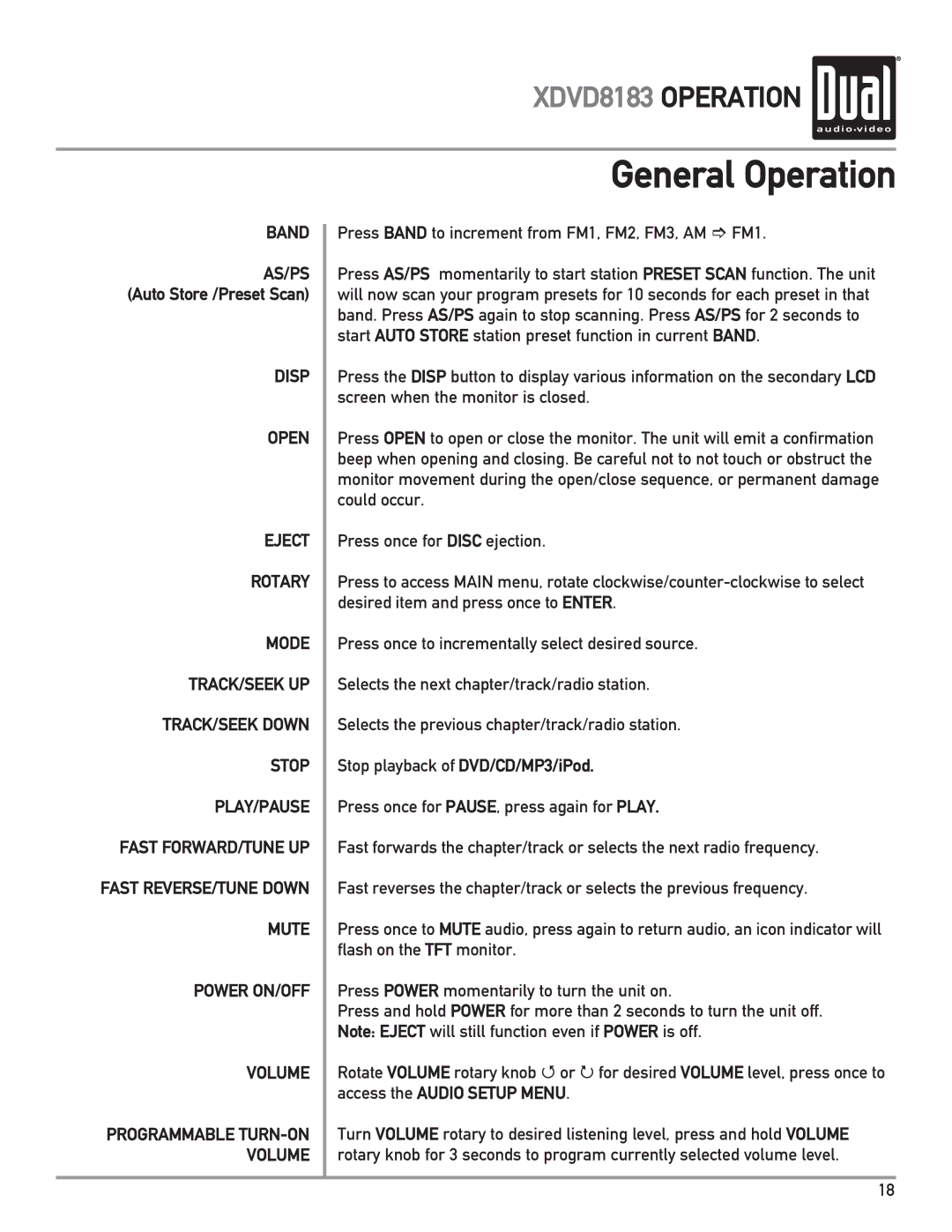 Dual XDVD8183 owner manual Press Band to increment from FM1, FM2, FM3, AM FM1 