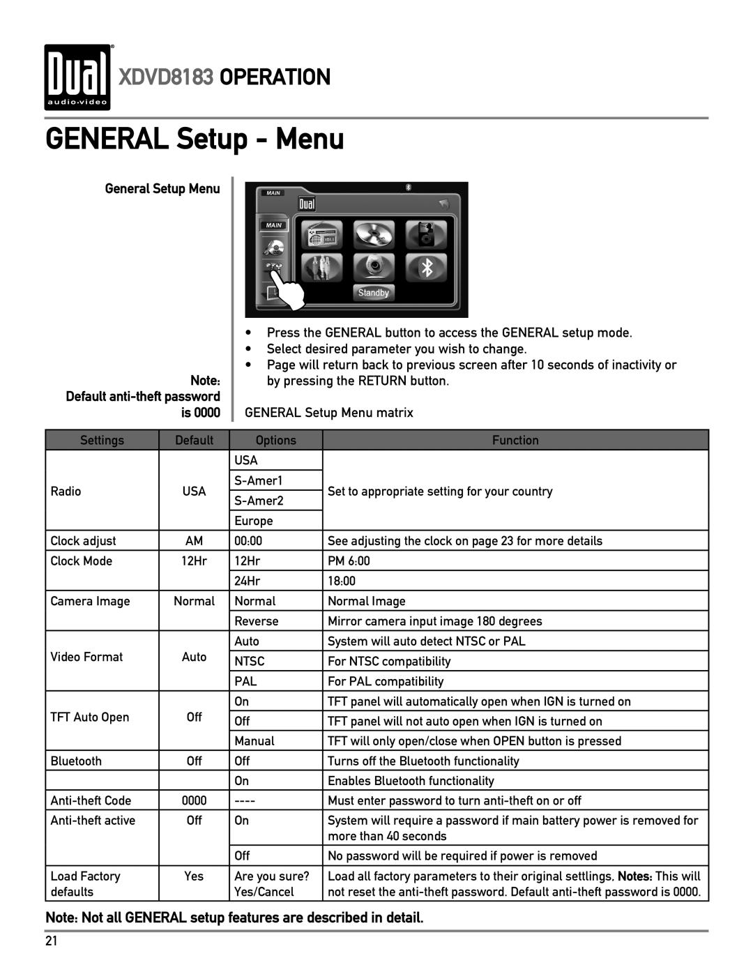 Dual XDVD8183 owner manual General Setup Menu 