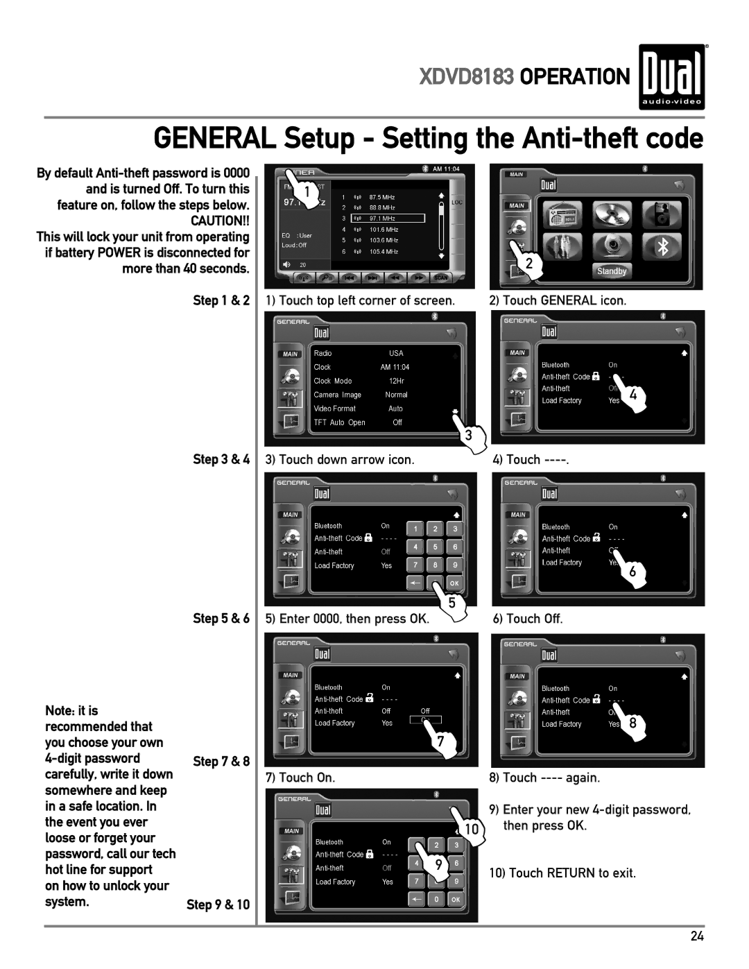 Dual XDVD8183 General Setup Setting the Anti-theft code, Recommended that You choose your own Digit password, System 