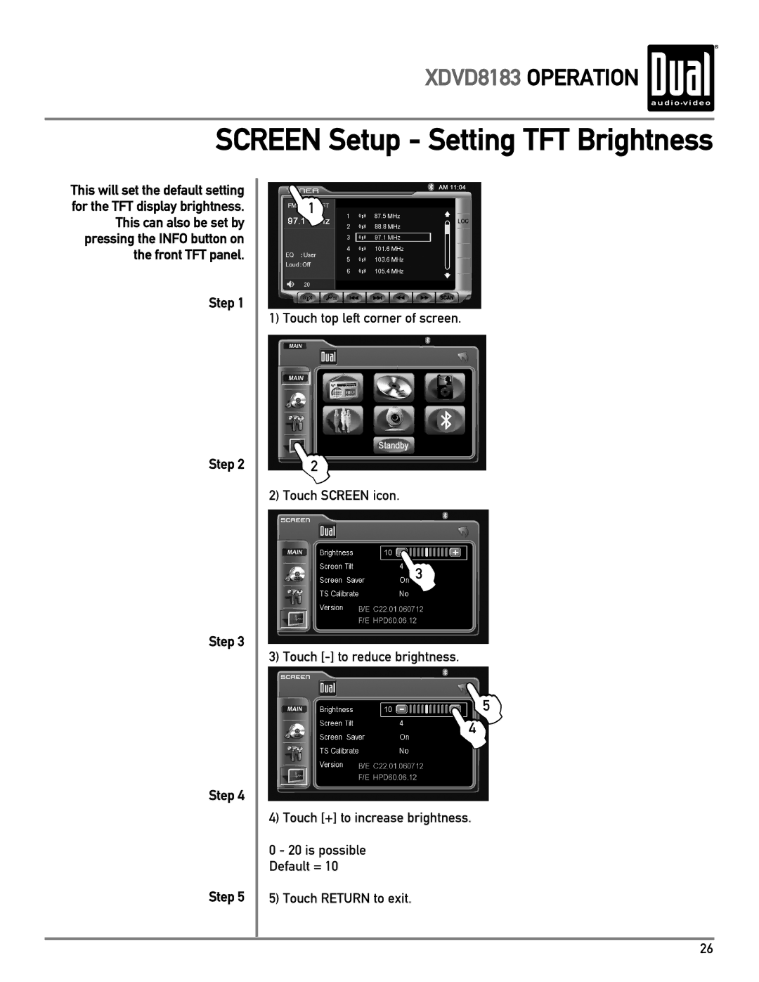 Dual XDVD8183 owner manual Screen Setup Setting TFT Brightness, Step 