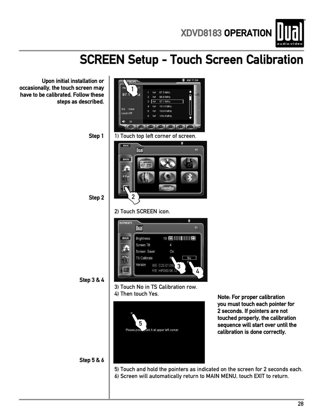 Dual XDVD8183 owner manual Screen Setup Touch Screen Calibration 