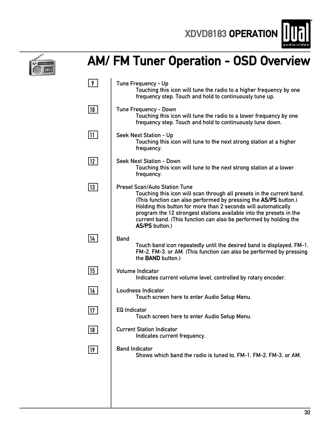 Dual XDVD8183 owner manual AM/ FM Tuner Operation OSD Overview 