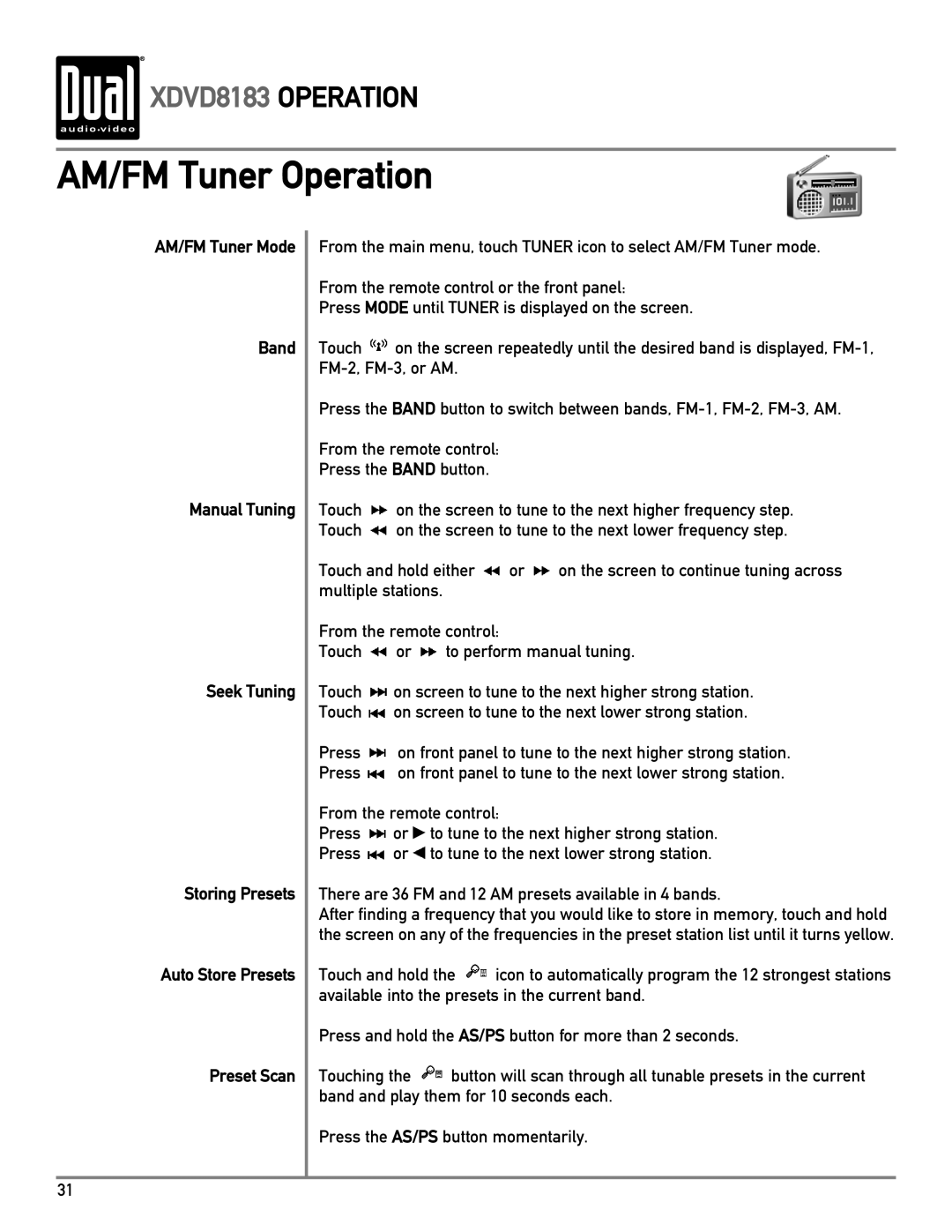 Dual XDVD8183 owner manual AM/FM Tuner Operation 