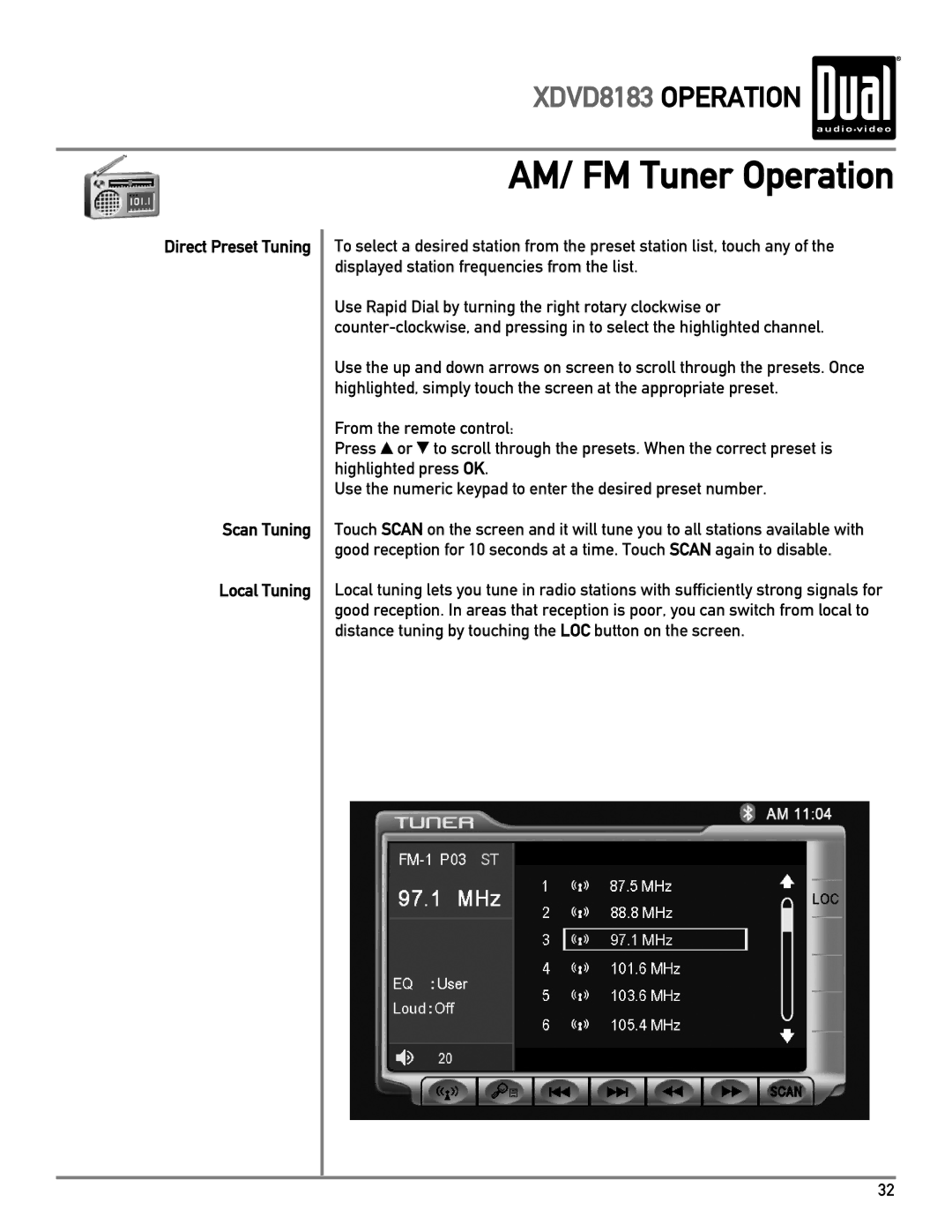 Dual XDVD8183 owner manual AM/ FM Tuner Operation, Scan Tuning Local Tuning 