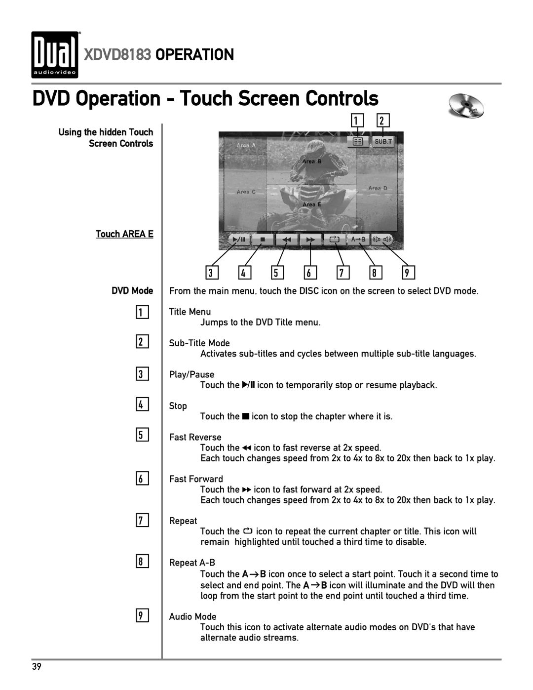 Dual XDVD8183 owner manual Touch Area E DVD Mode 