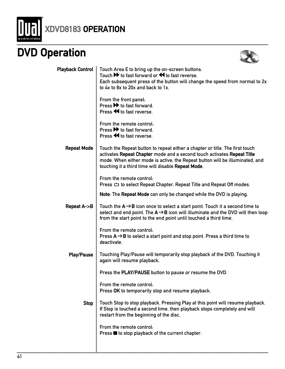 Dual XDVD8183 owner manual DVD Operation, Playback Control Repeat Mode Repeat A-B Play/Pause Stop 