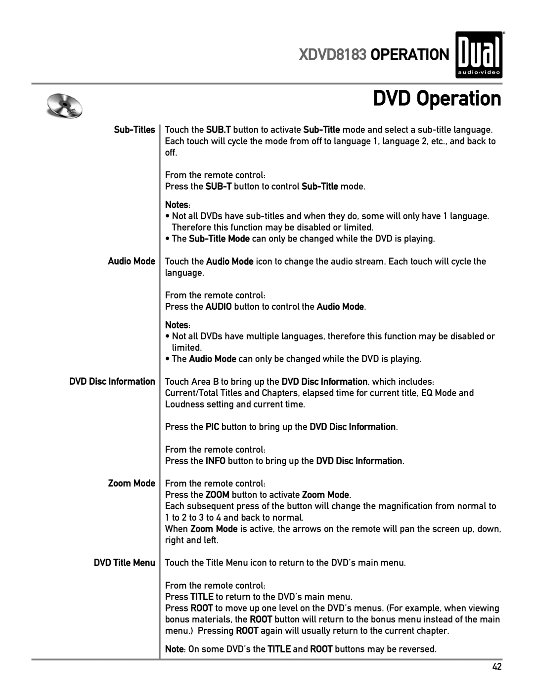 Dual XDVD8183 owner manual Sub-Titles Audio Mode, Zoom Mode 