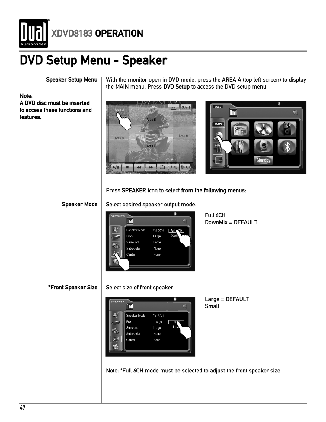 Dual XDVD8183 owner manual DVD Setup Menu Speaker, Press Speaker icon to select from the following menus 