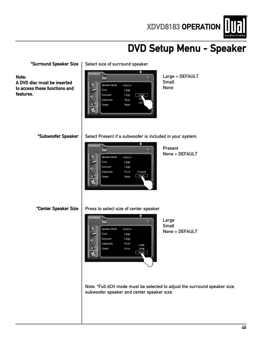 Dual XDVD8183 owner manual DVD Setup Menu Speaker 