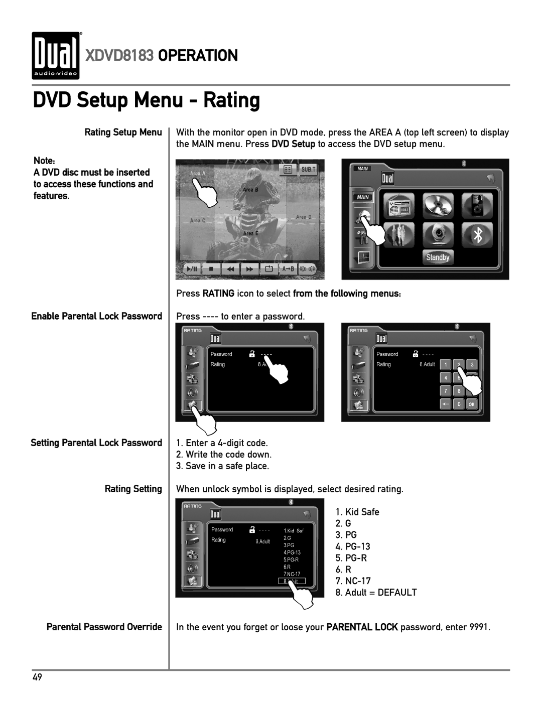 Dual XDVD8183 owner manual DVD Setup Menu Rating, Rating Setting Parental Password Override 