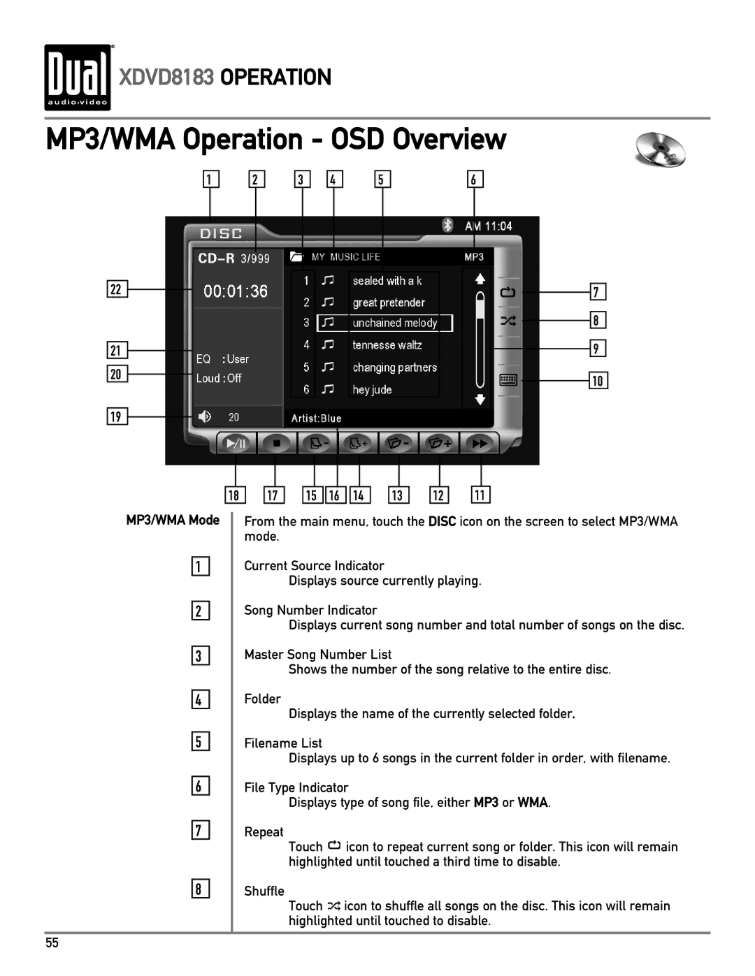 Dual XDVD8183 owner manual MP3/WMA Operation OSD Overview, MP3/WMA Mode 