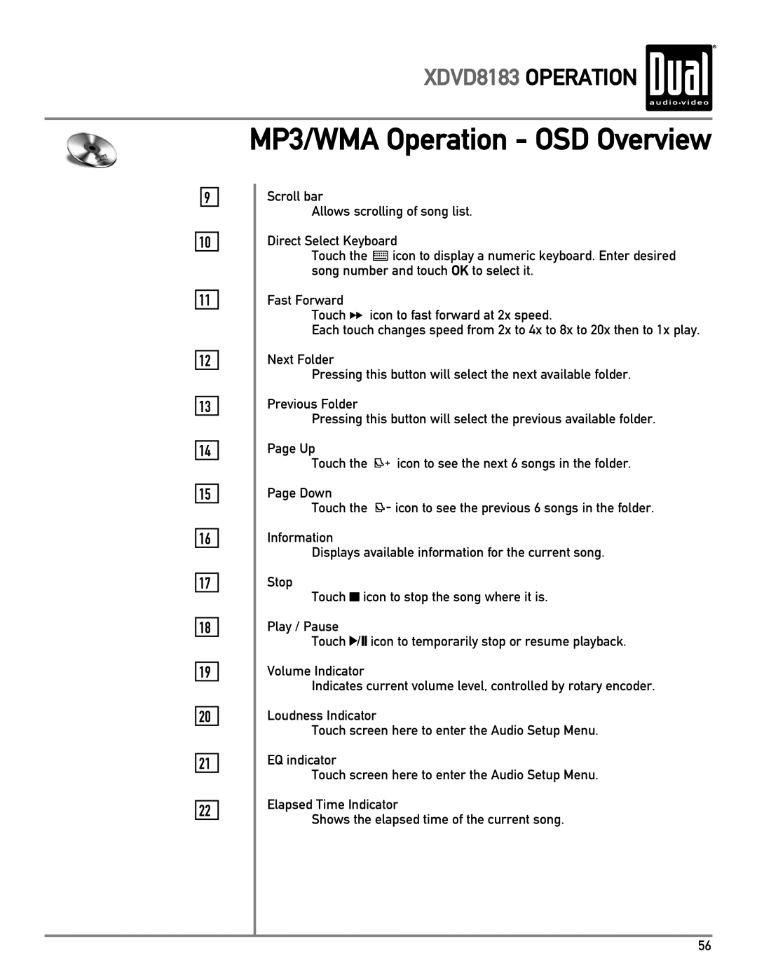 Dual XDVD8183 owner manual MP3/WMA Operation OSD Overview 