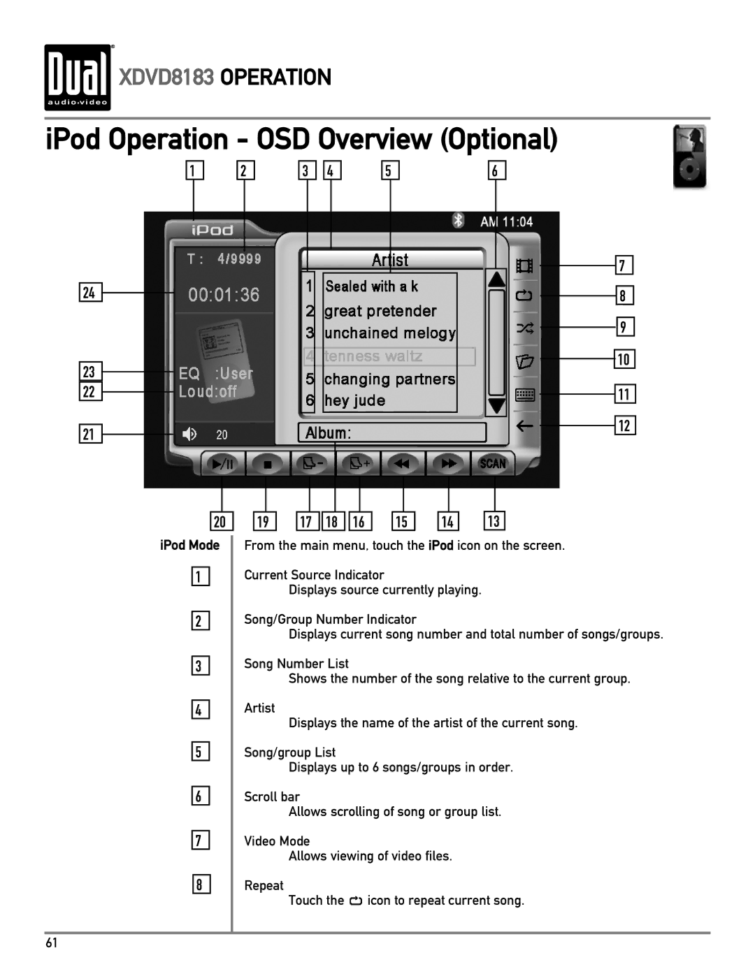 Dual XDVD8183 owner manual IPod Operation OSD Overview Optional, IPod Mode 