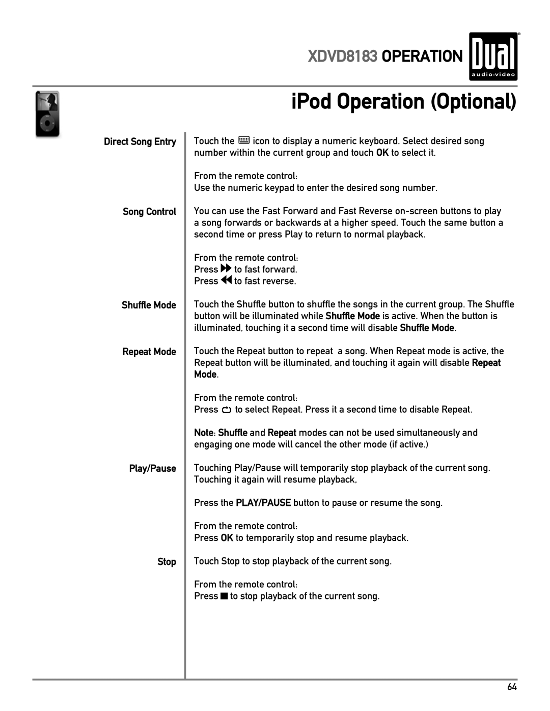 Dual XDVD8183 owner manual IPod Operation Optional 