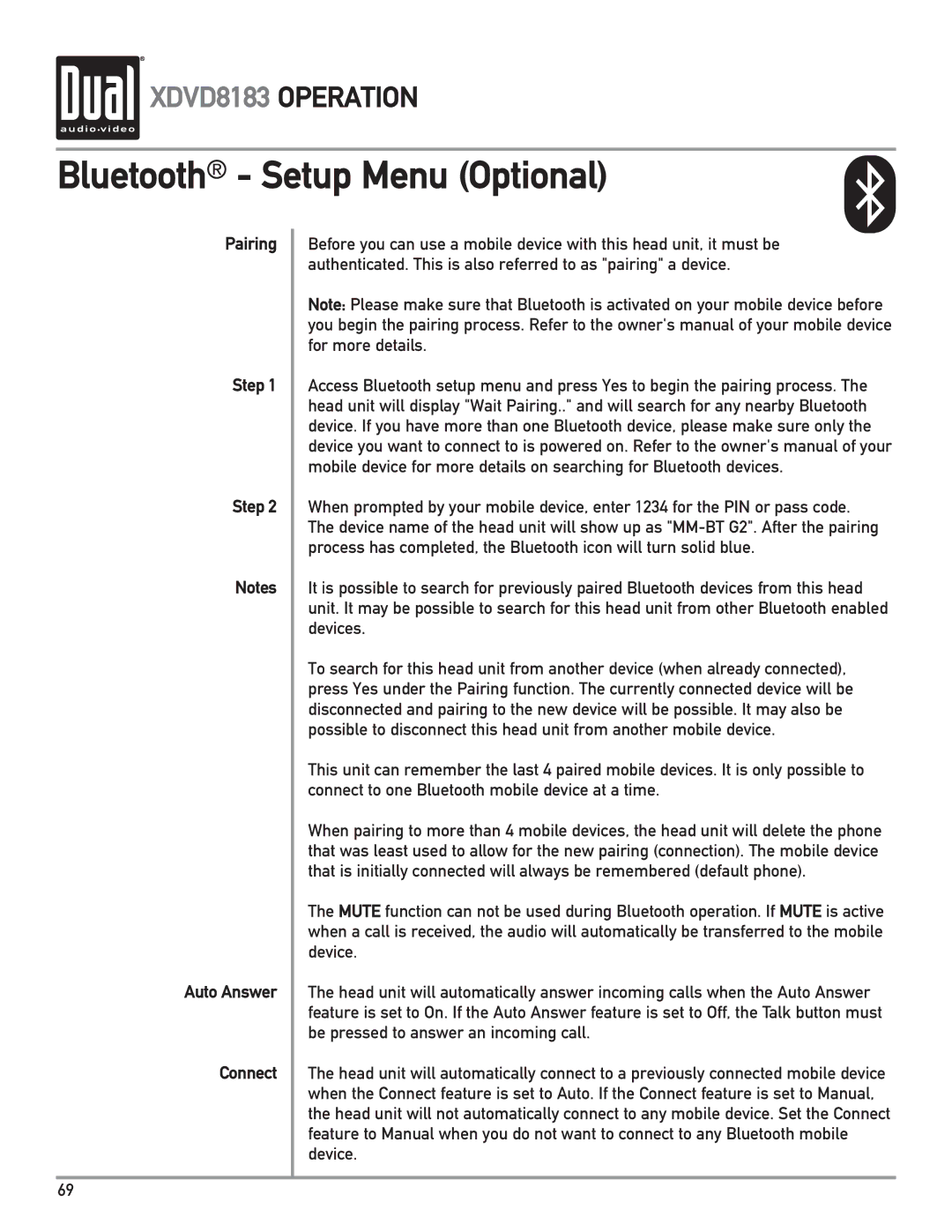 Dual XDVD8183 owner manual Bluetooth Setup Menu Optional, Pairing Step Auto Answer Connect 