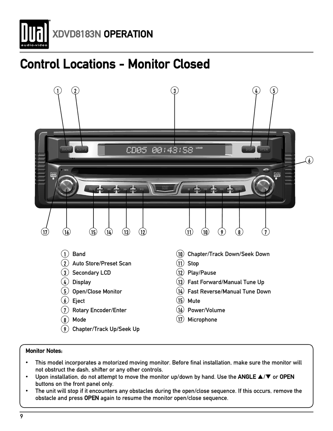 Dual XDVD8183N owner manual Control Locations Monitor Closed, Monitor Notes 