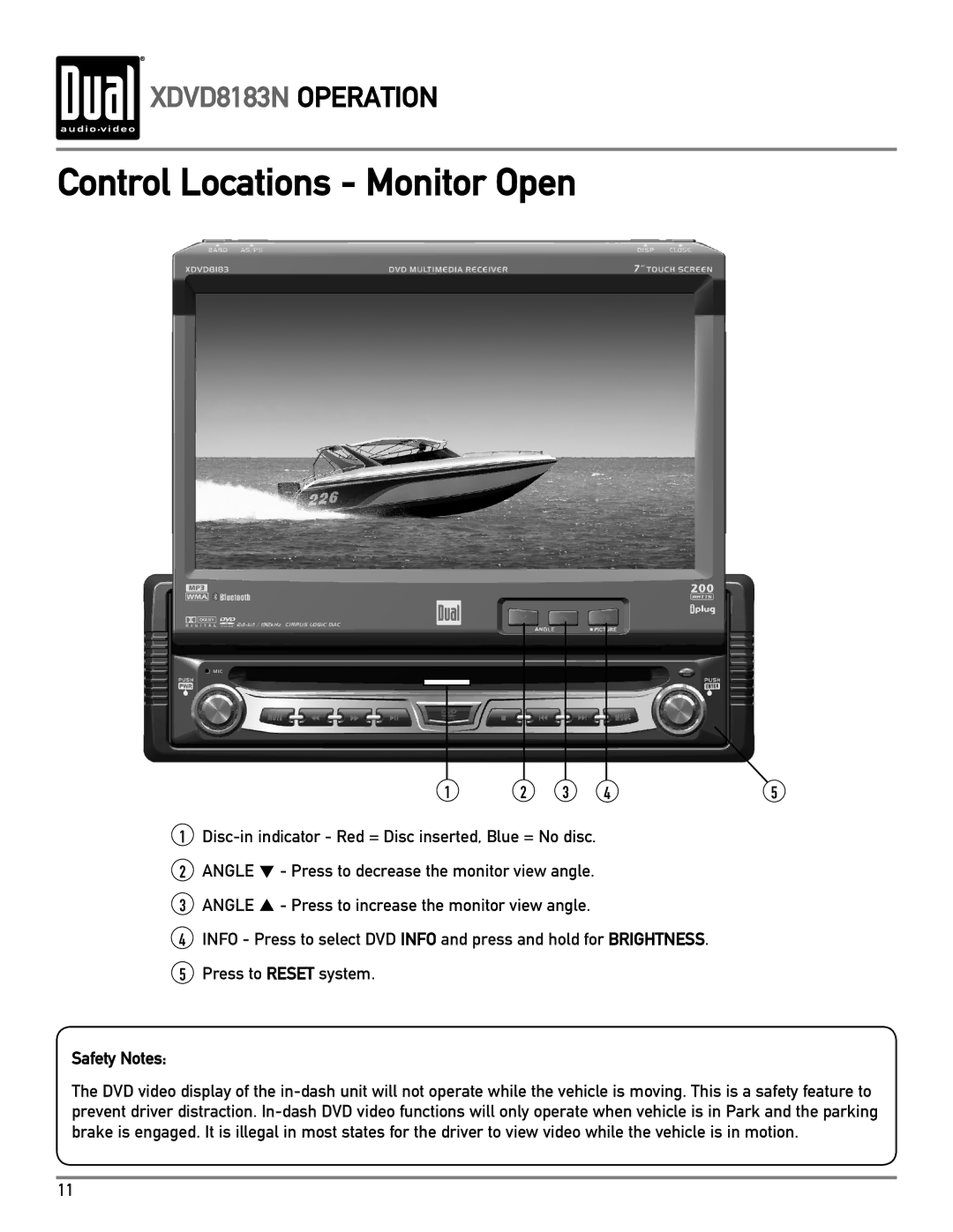 Dual XDVD8183N owner manual Control Locations Monitor Open, Safety Notes 