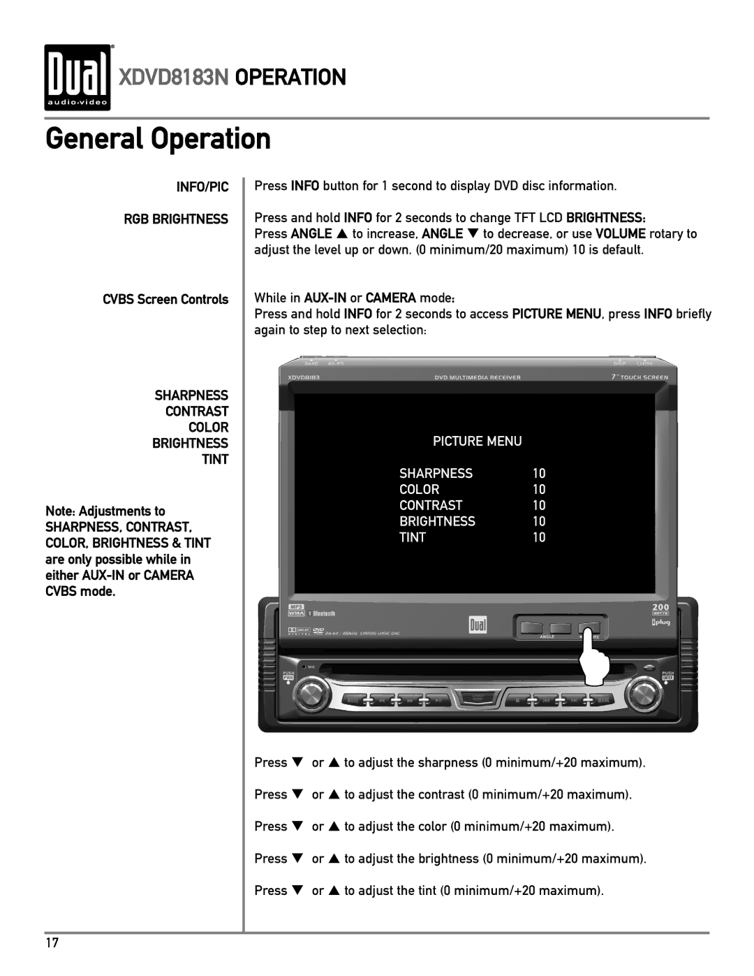 Dual XDVD8183N owner manual Cvbs Screen Controls, Sharpness Contrast Color Brightness Tint 