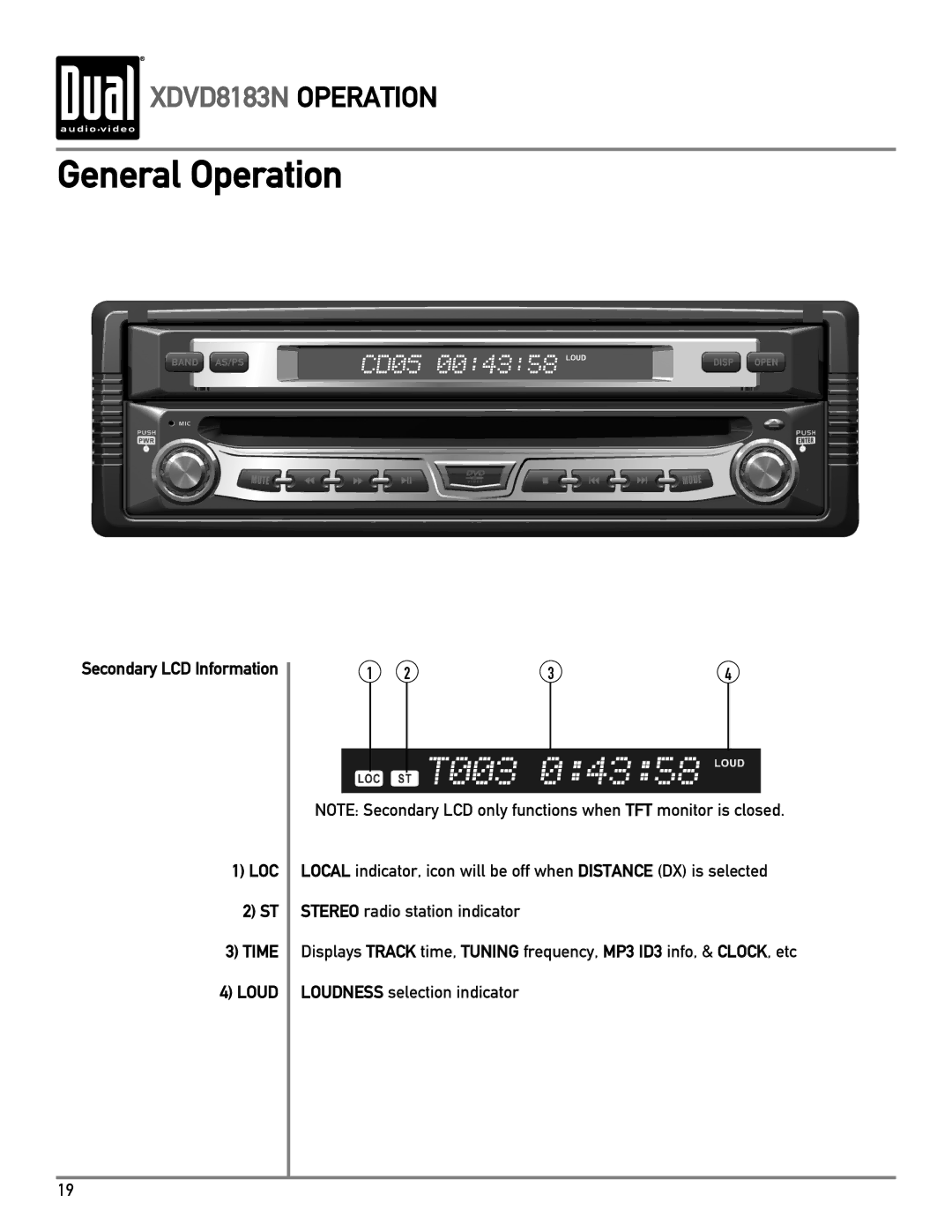 Dual XDVD8183N owner manual Loc, Time Loud 