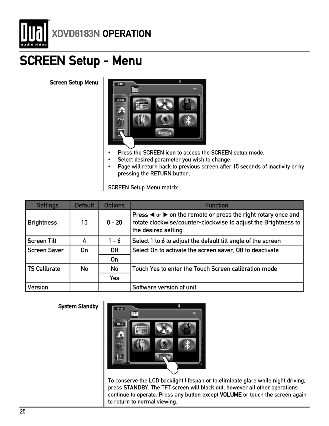 Dual XDVD8183N owner manual Screen Setup Menu, System Standby 