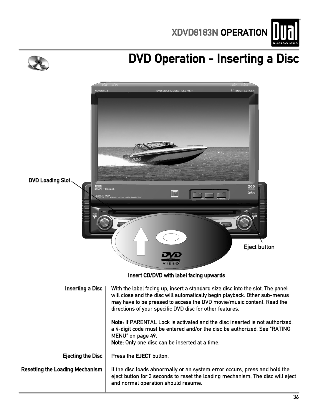 Dual XDVD8183N owner manual DVD Loading Slot Inserting a Disc, Insert CD/DVD with label facing upwards 