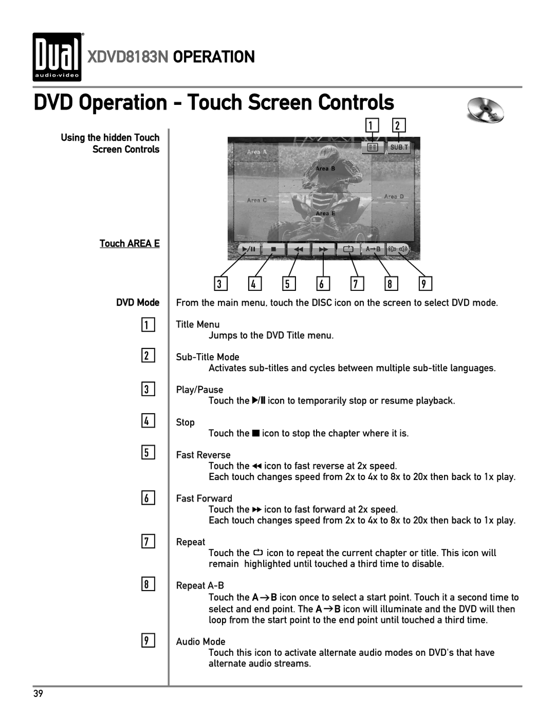 Dual XDVD8183N owner manual Touch Area E DVD Mode 