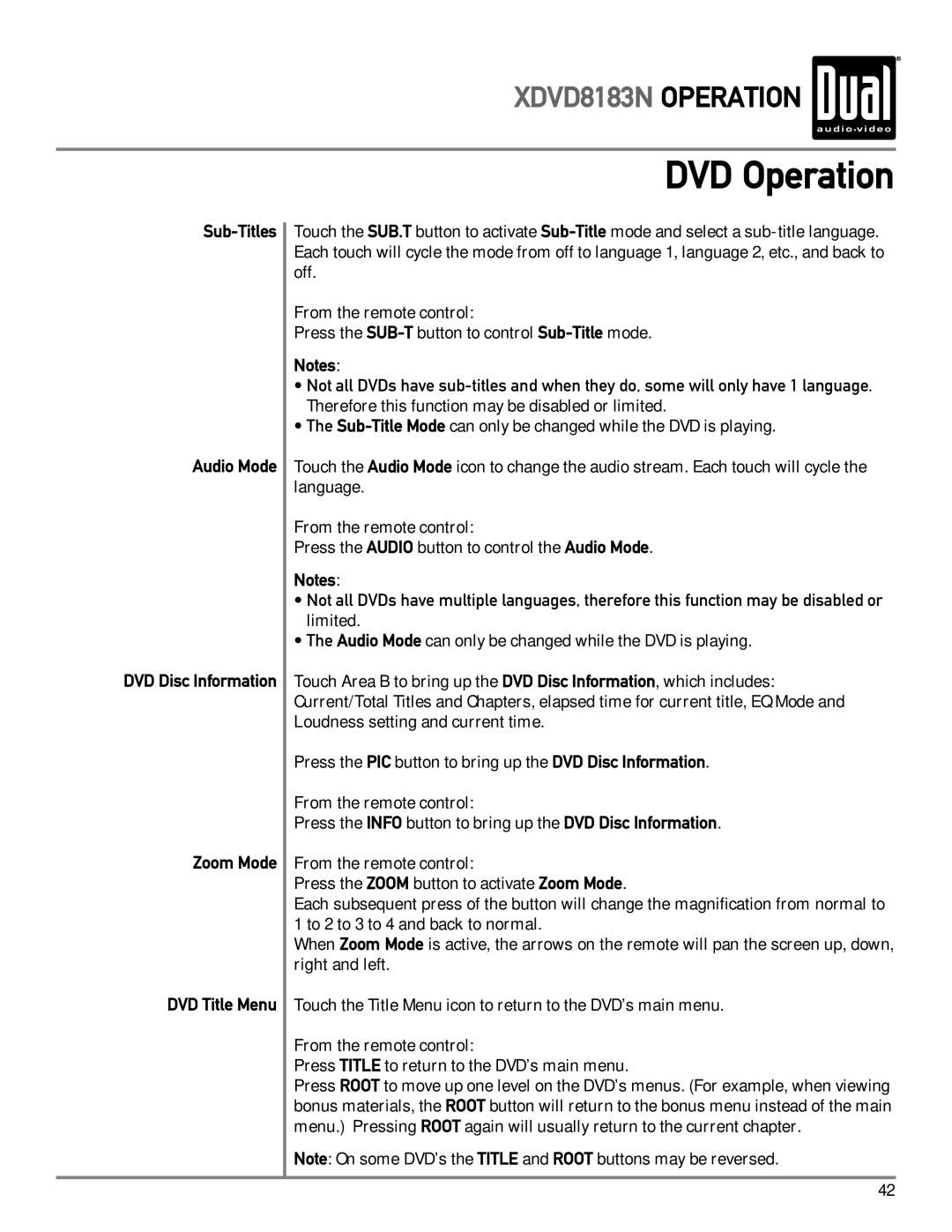 Dual XDVD8183N owner manual Sub-Titles Audio Mode, Zoom Mode DVD Title Menu 