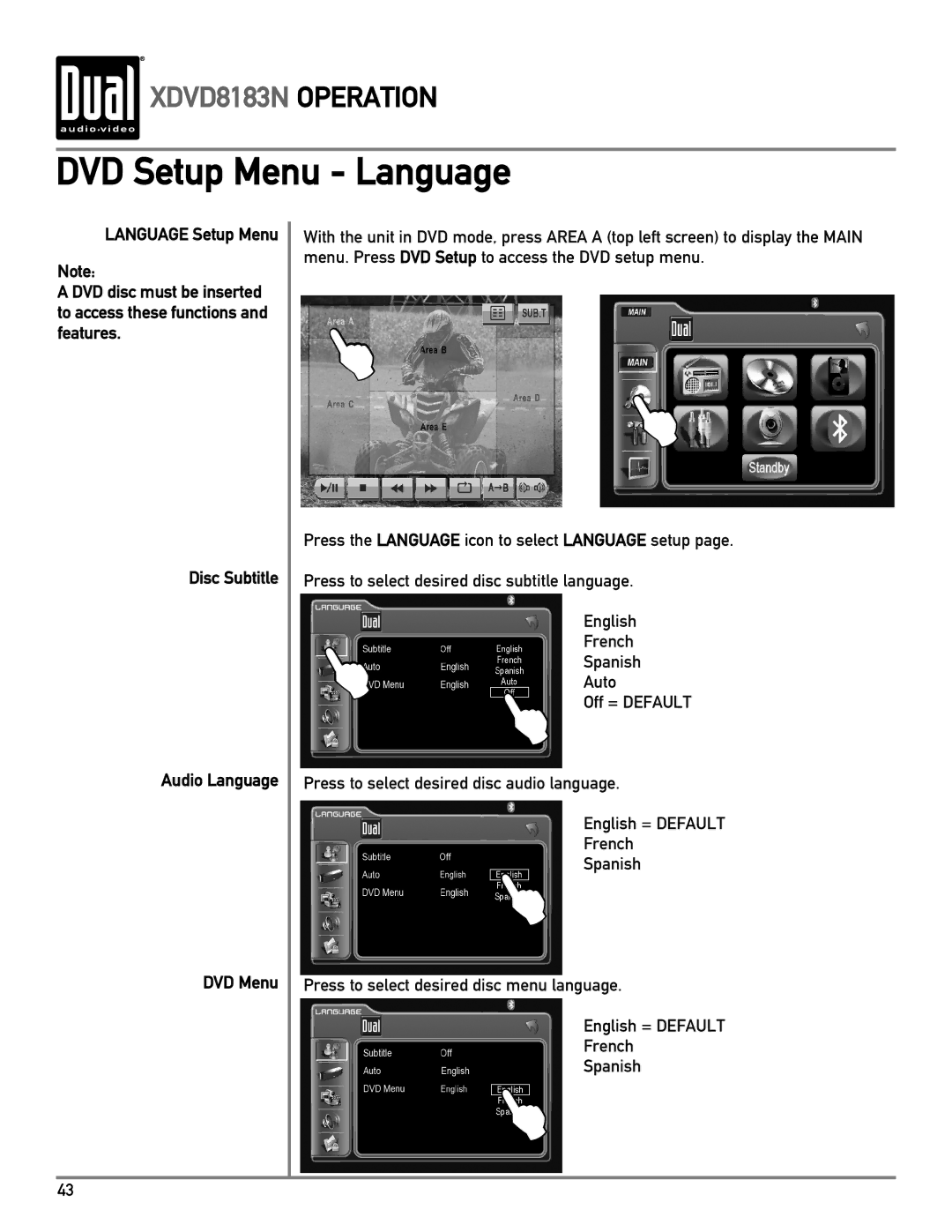 Dual XDVD8183N owner manual DVD Setup Menu Language 