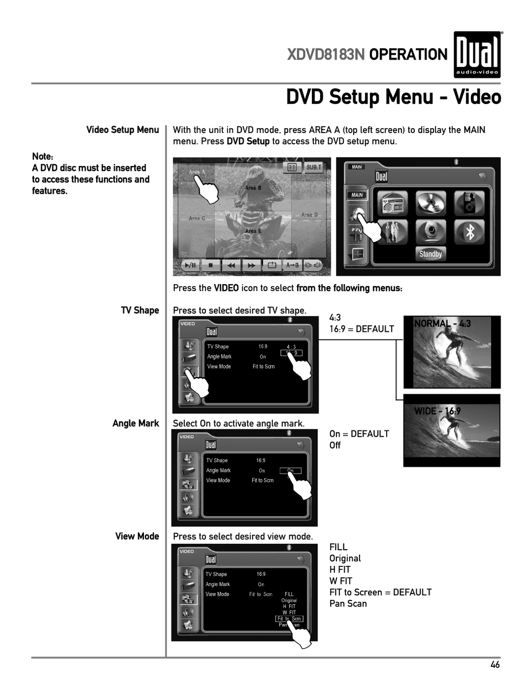 Dual XDVD8183N owner manual DVD Setup Menu Video, Normal Angle Mark, Wide View Mode 