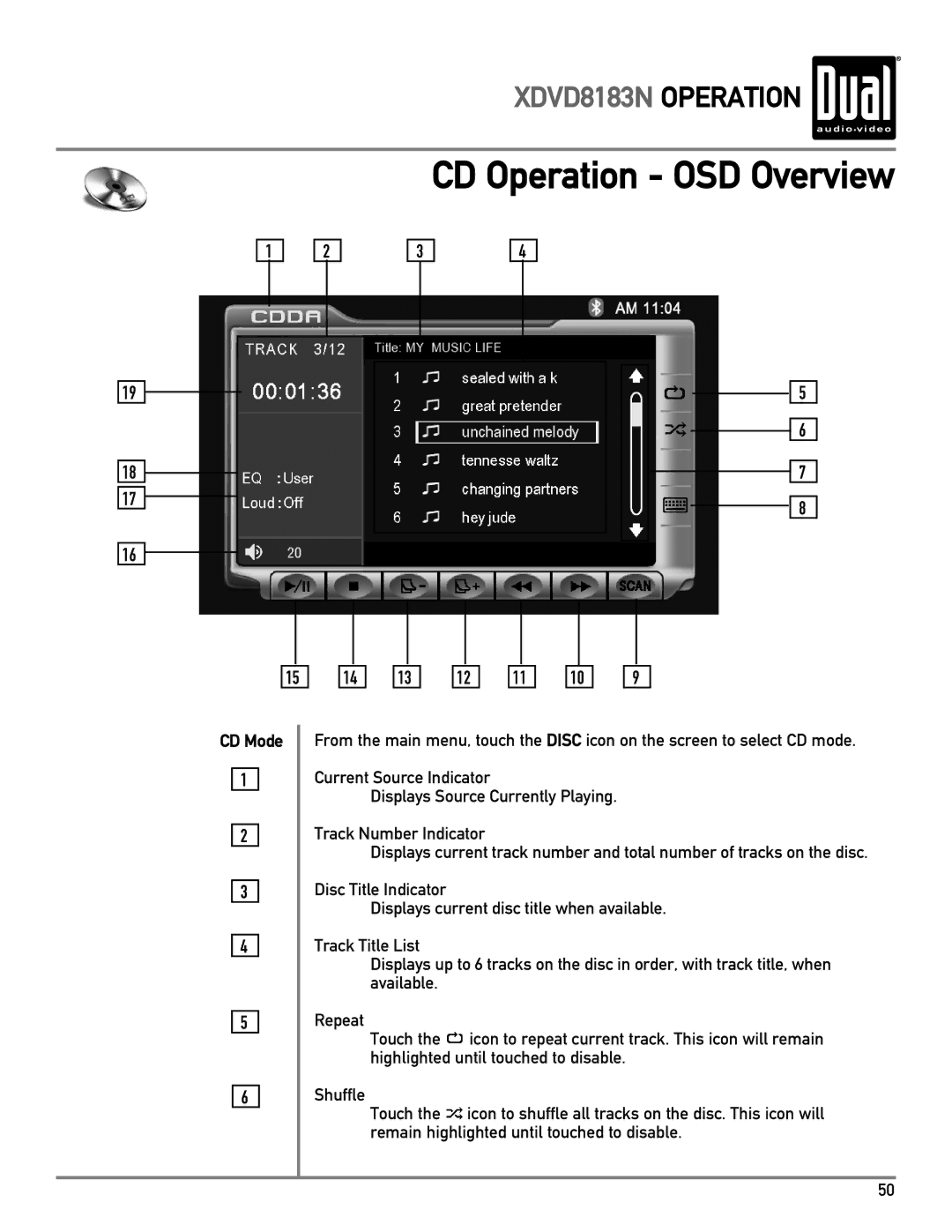 Dual XDVD8183N owner manual CD Operation OSD Overview, CD Mode 