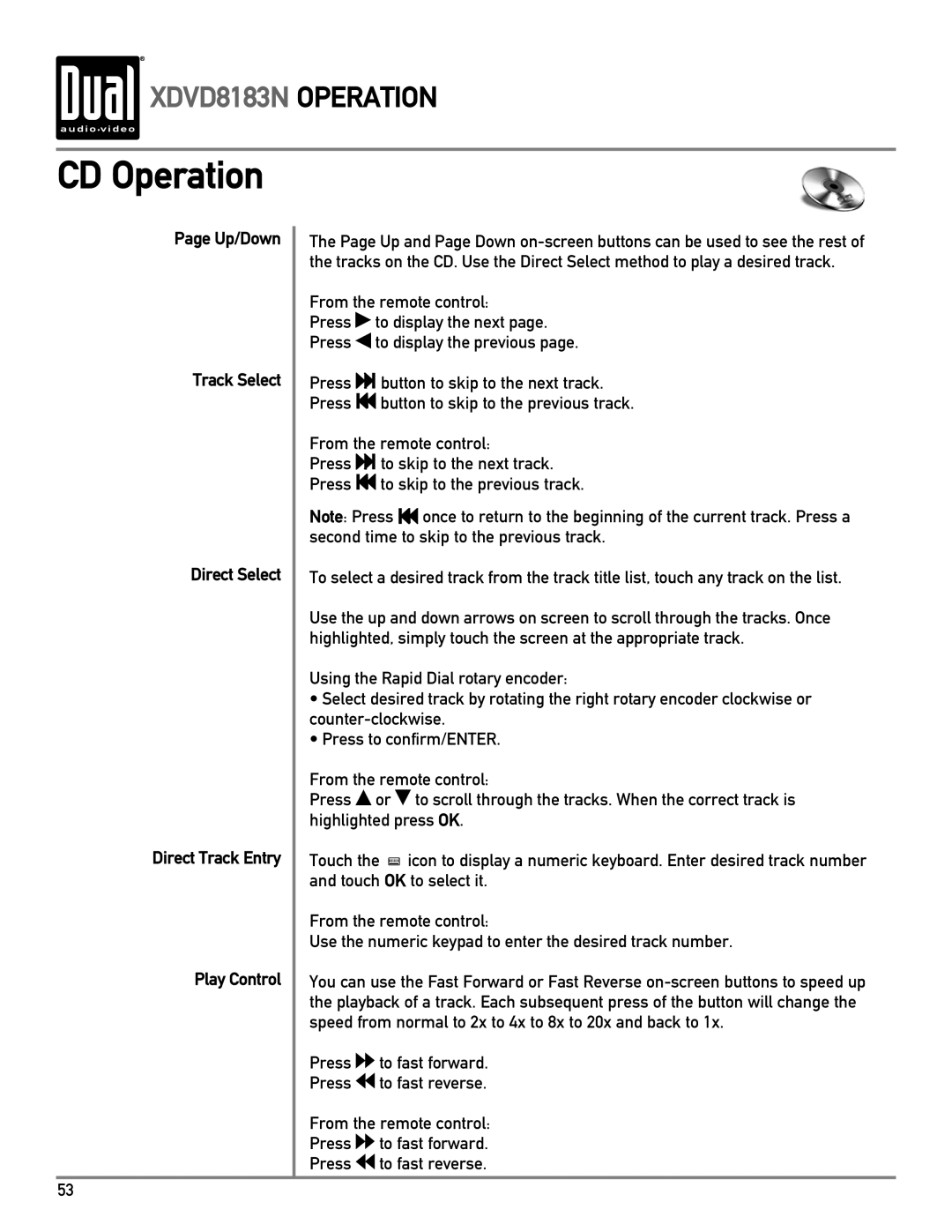 Dual XDVD8183N owner manual CD Operation 