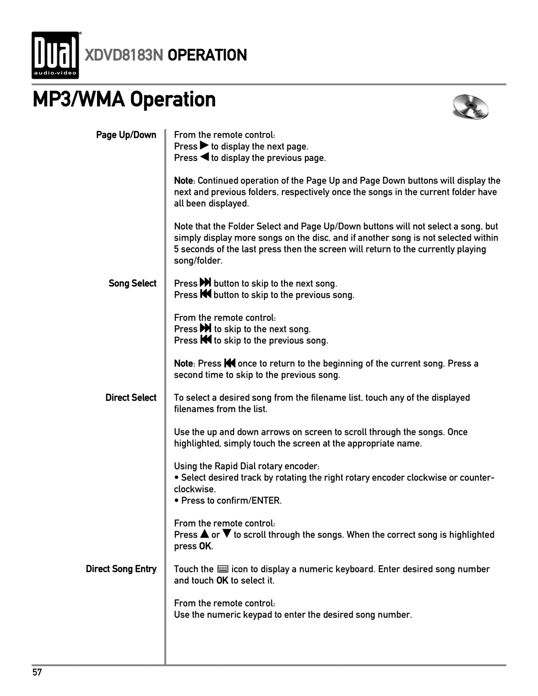 Dual XDVD8183N owner manual MP3/WMA Operation, Up/Down Song Select Direct Select Direct Song Entry 