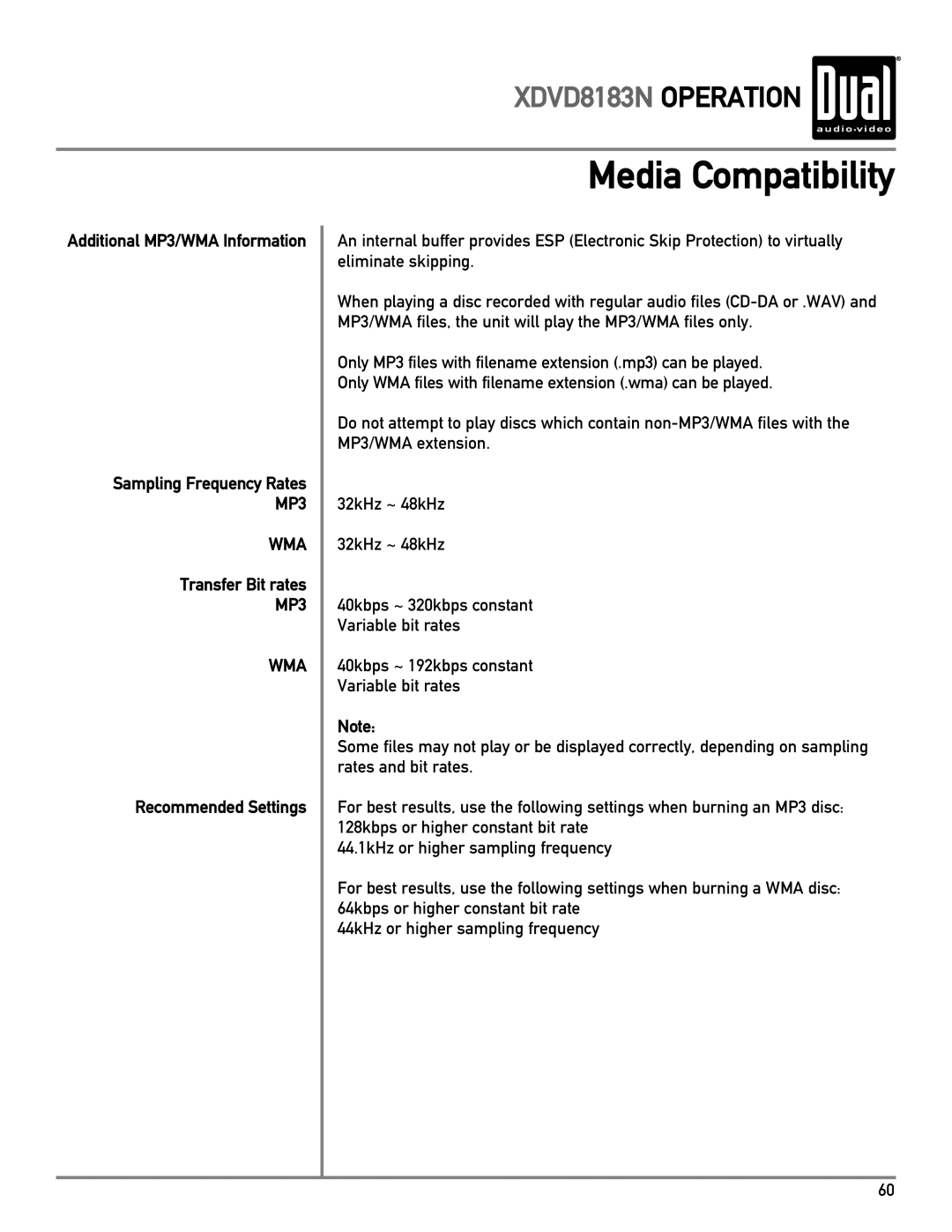 Dual XDVD8183N owner manual Additional MP3/WMA Information, Transfer Bit rates, Recommended Settings 