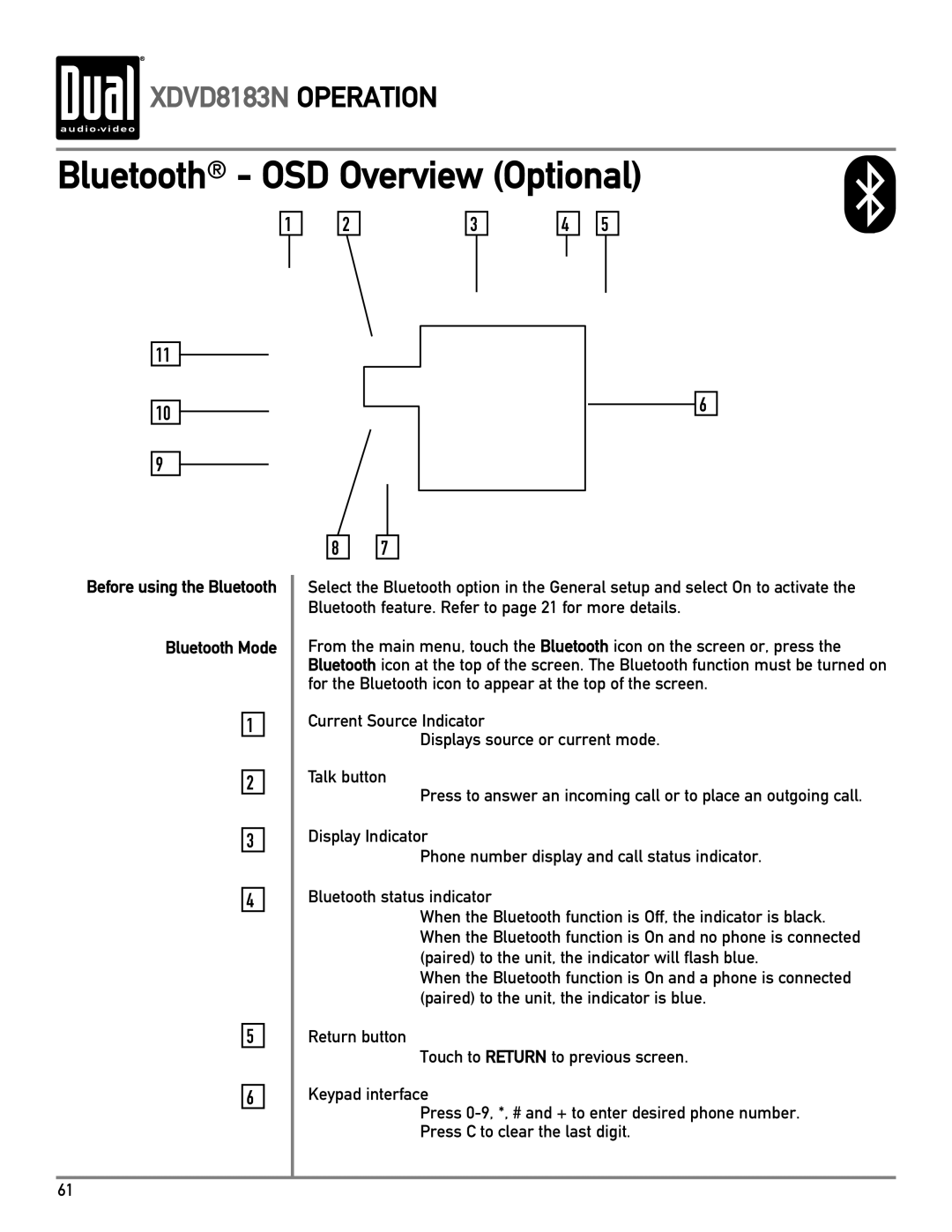 Dual XDVD8183N owner manual Bluetooth OSD Overview Optional, Bluetooth Mode 