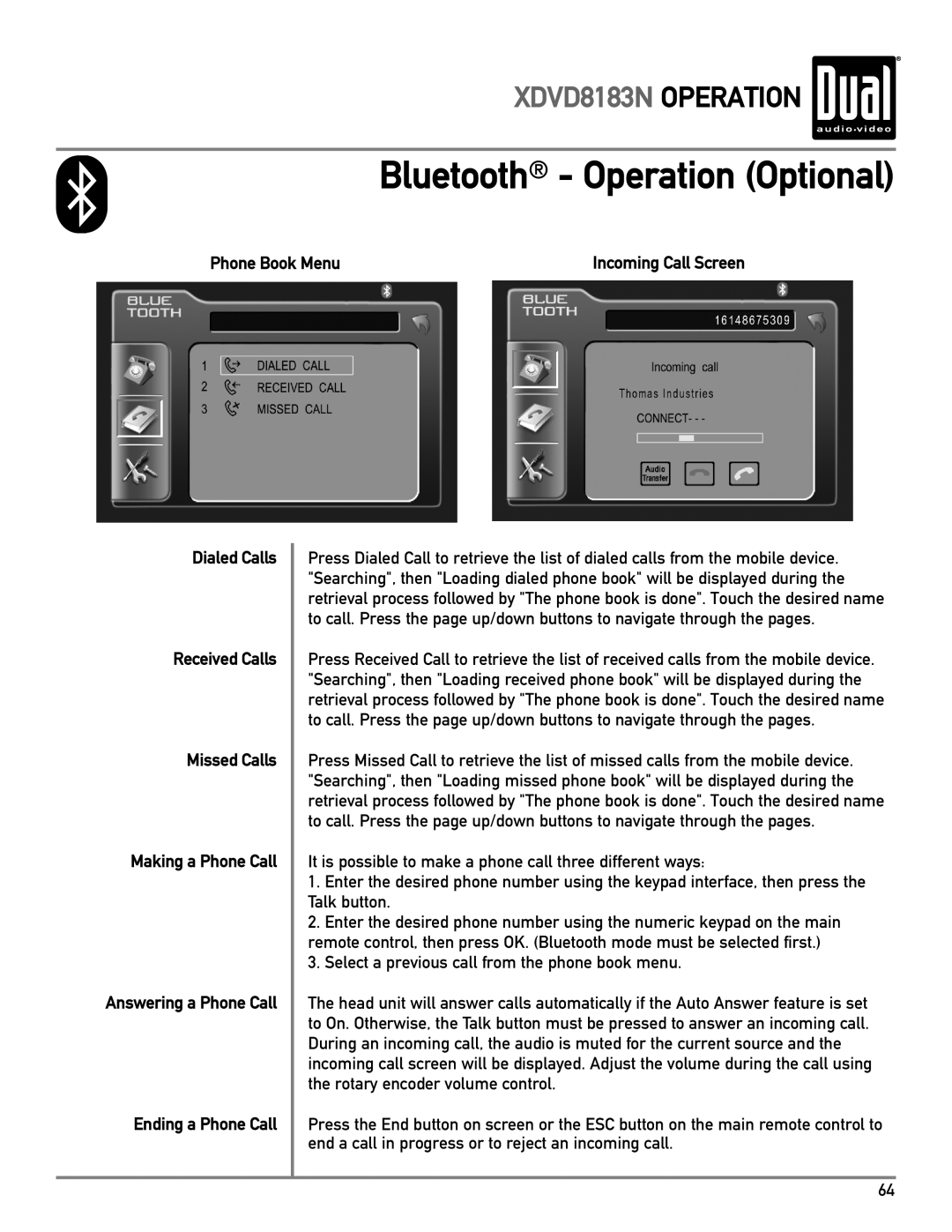 Dual XDVD8183N owner manual Bluetooth Operation Optional, Phone Book Menu 