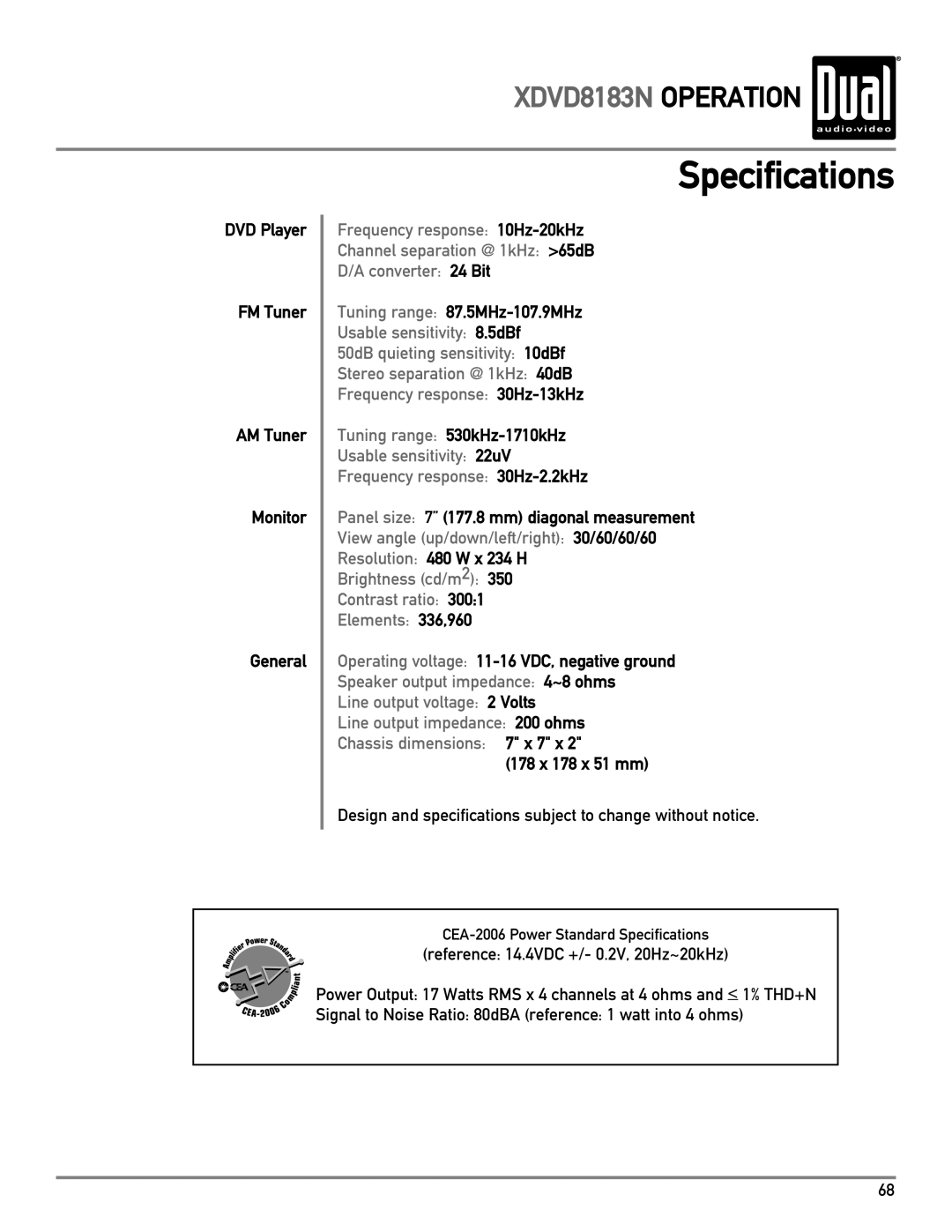 Dual XDVD8183N owner manual Specifications 