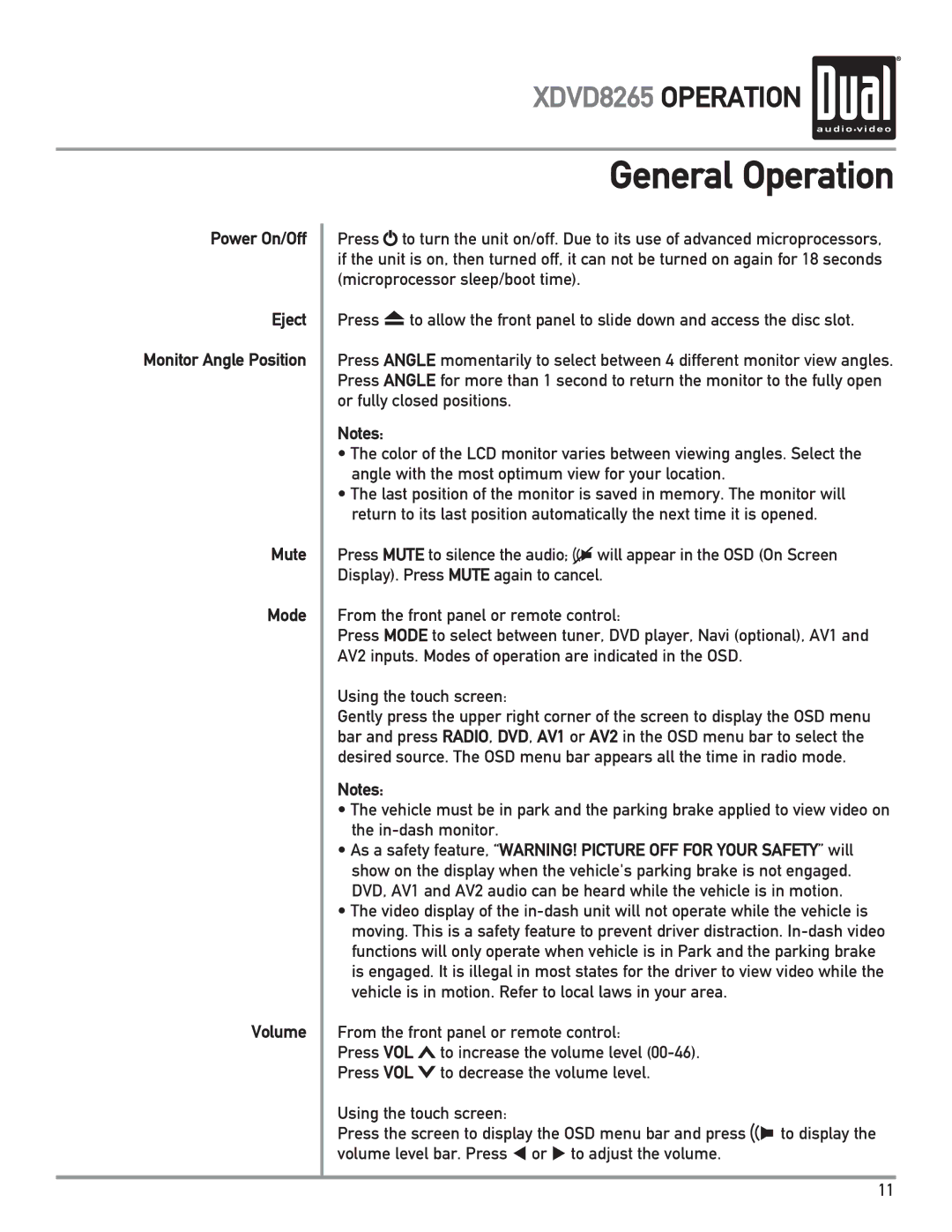 Dual XDVD8265 owner manual General Operation, Power On/Off, Mute Mode Volume 