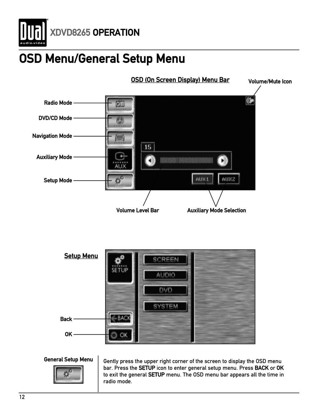 Dual XDVD8265 owner manual OSD Menu/General Setup Menu, Back General Setup Menu 