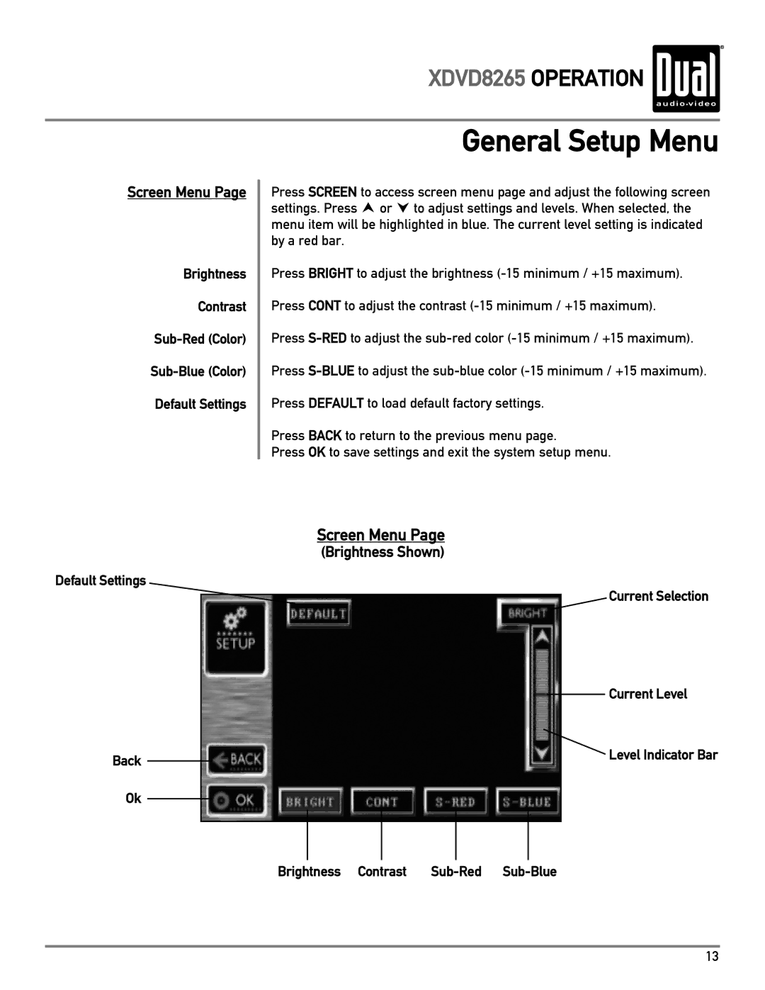 Dual XDVD8265 owner manual General Setup Menu, Back 