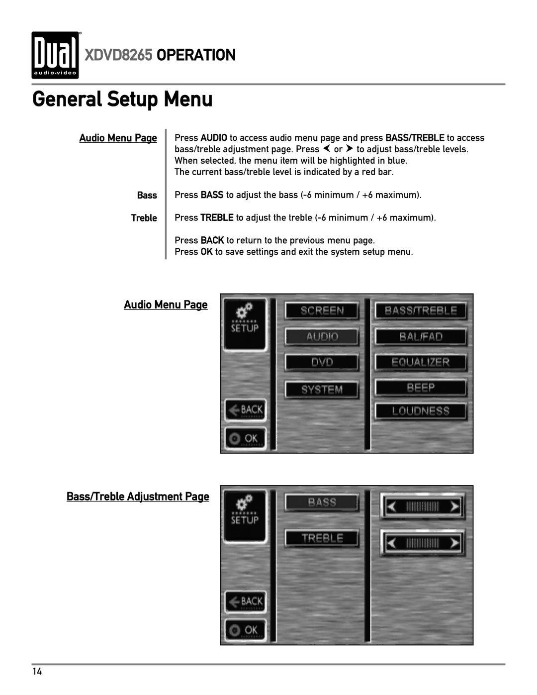 Dual XDVD8265 owner manual Audio Menu, Bass Treble 